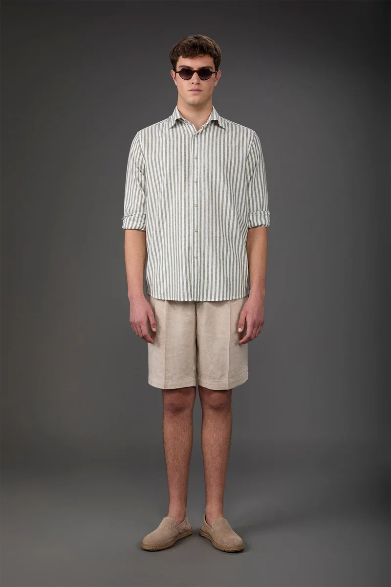 Men's casual shirt with French collar in striped washed linen and cotton fabric - White/Green