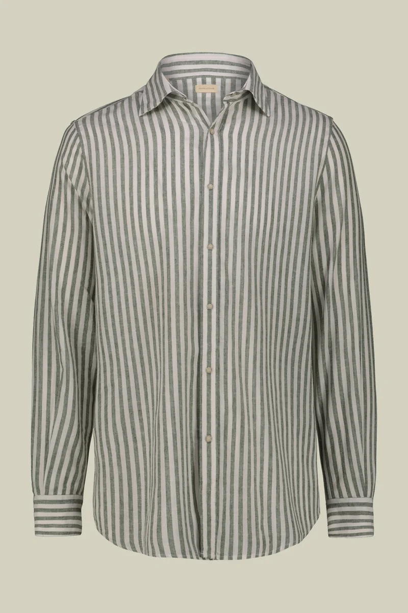 Doppelganger Multicolour Men's casual shirt with French collar in striped washed linen and cotton fabric - White/Green for Men | Best Price UAE