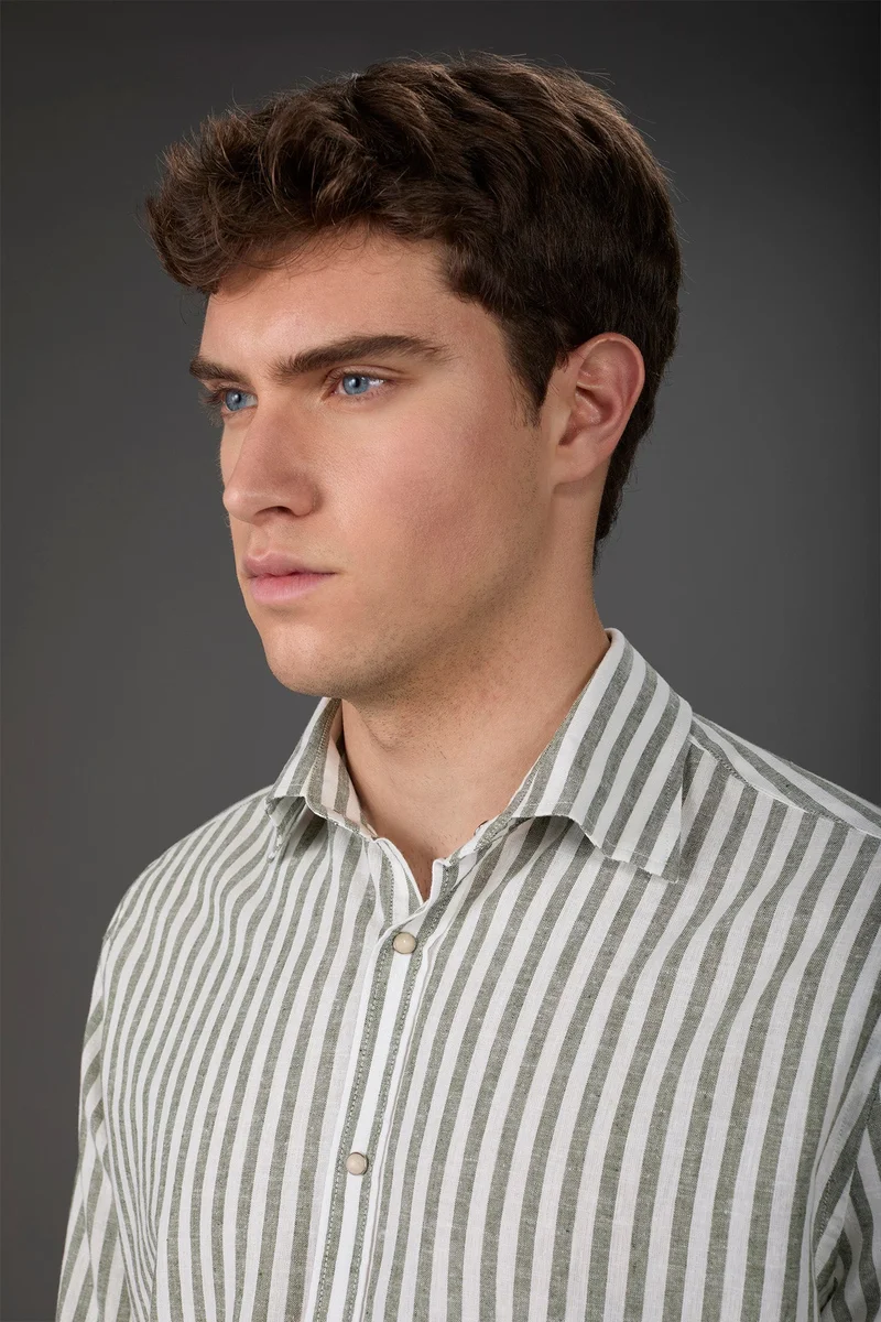 Doppelganger Multicolour Men's casual shirt with French collar in striped washed linen and cotton fabric - White/Green for Men | Best Price UAE