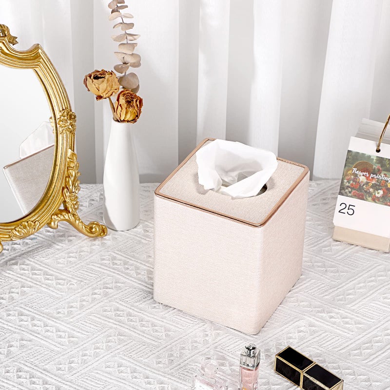 Sumnacon Square Linen Tissue Box Cover - Stylish Cube Tissue Box Holder with Magnetic Bottom, Decorative Tissue Box for Vanity Toilet Tank Dresser Night Stand Table Countertop Office Car, Beige - Image 2