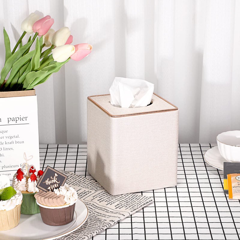 Sumnacon Square Linen Tissue Box Cover - Stylish Cube Tissue Box Holder with Magnetic Bottom, Decorative Tissue Box for Vanity Toilet Tank Dresser Night Stand Table Countertop Office Car, Beige - Image 3
