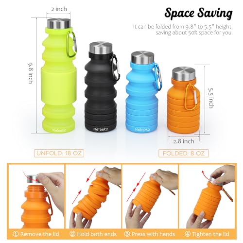 Nefeeko Collapsible Water Bottle, 18floz Reuseable BPA Free Silicone Foldable Water Bottles for Travel Gym Camping Hiking, Portable Leak Proof Sports Water Bottle with Carabiner - Image 2