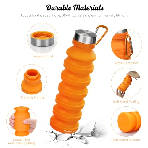 Nefeeko Collapsible Water Bottle, 18floz Reuseable BPA Free Silicone Foldable Water Bottles for Travel Gym Camping Hiking, Portable Leak Proof Sports Water Bottle with Carabiner - Image 3