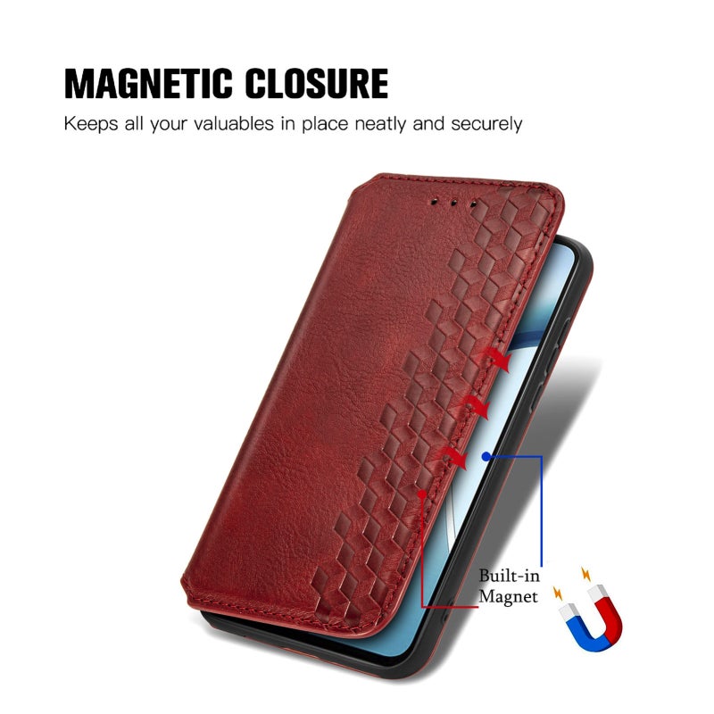 HuHa Case Cover For Nothing Phone 2a Plus Cubic Grid Pressed Magnetic Leather Phone Case(Red) - Image 5