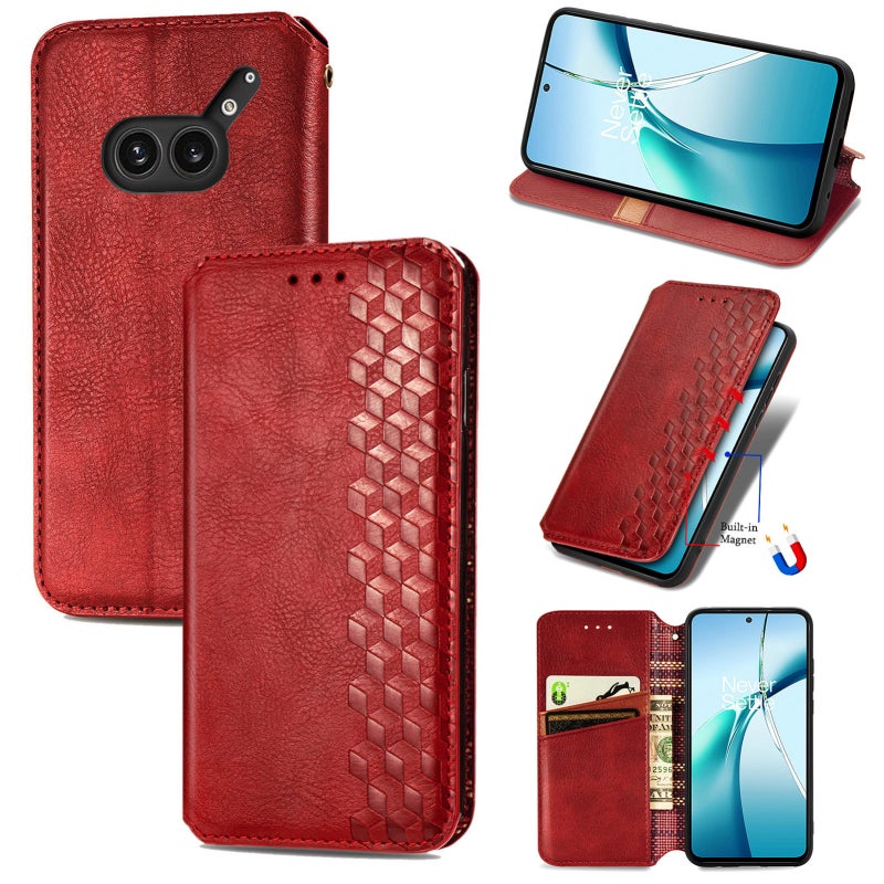 HuHa Case Cover For Nothing Phone 2a Plus Cubic Grid Pressed Magnetic Leather Phone Case(Red) - Image 1