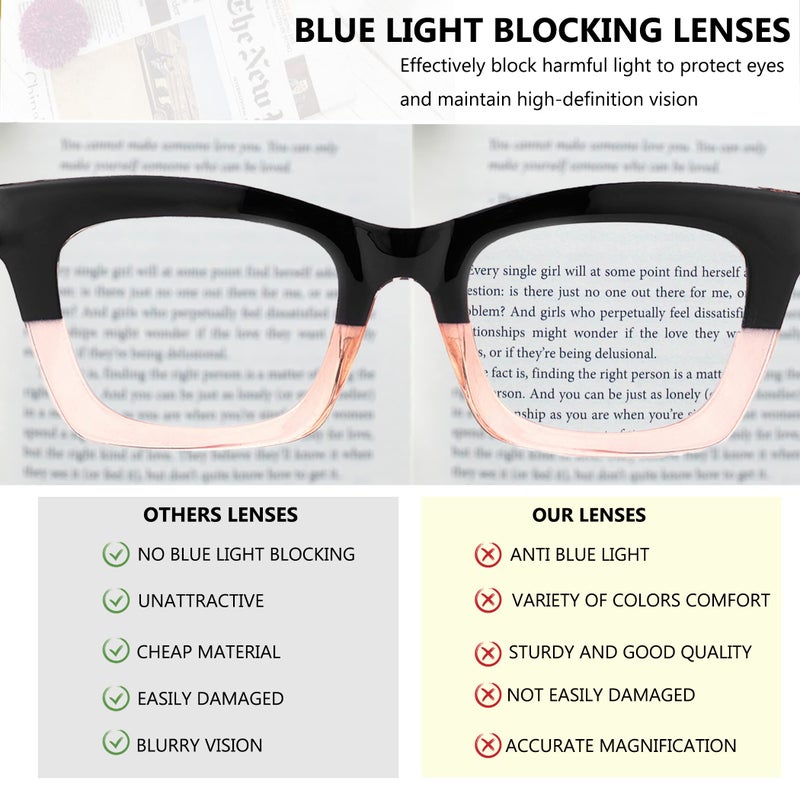 bullabulling 3 pack Oprah style Spring hinge Readers Blue Light Blocking Computer Square Reading Glasses for Women Men (black/tortoise/blackpink, 1.25) - Image 4