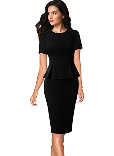VFSHOW Womens Black Pleated Crew Neck Peplum Work Business Office Church Bodycon Pencil Sheath Dress 3593 BLK L - Image 2