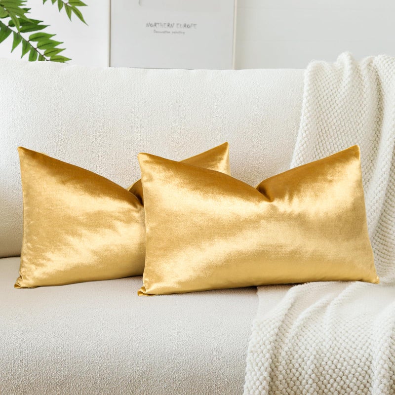 JOTOM Set of 2 Velvet Soft Solid Cushion Covers 30x50 cm Decorative Throw Pillow Covers Soft Lumbar Cushion Case Couch Home Decor Throw Pillow Cases for Sofa Bedroom 12x20 Inch Gold
