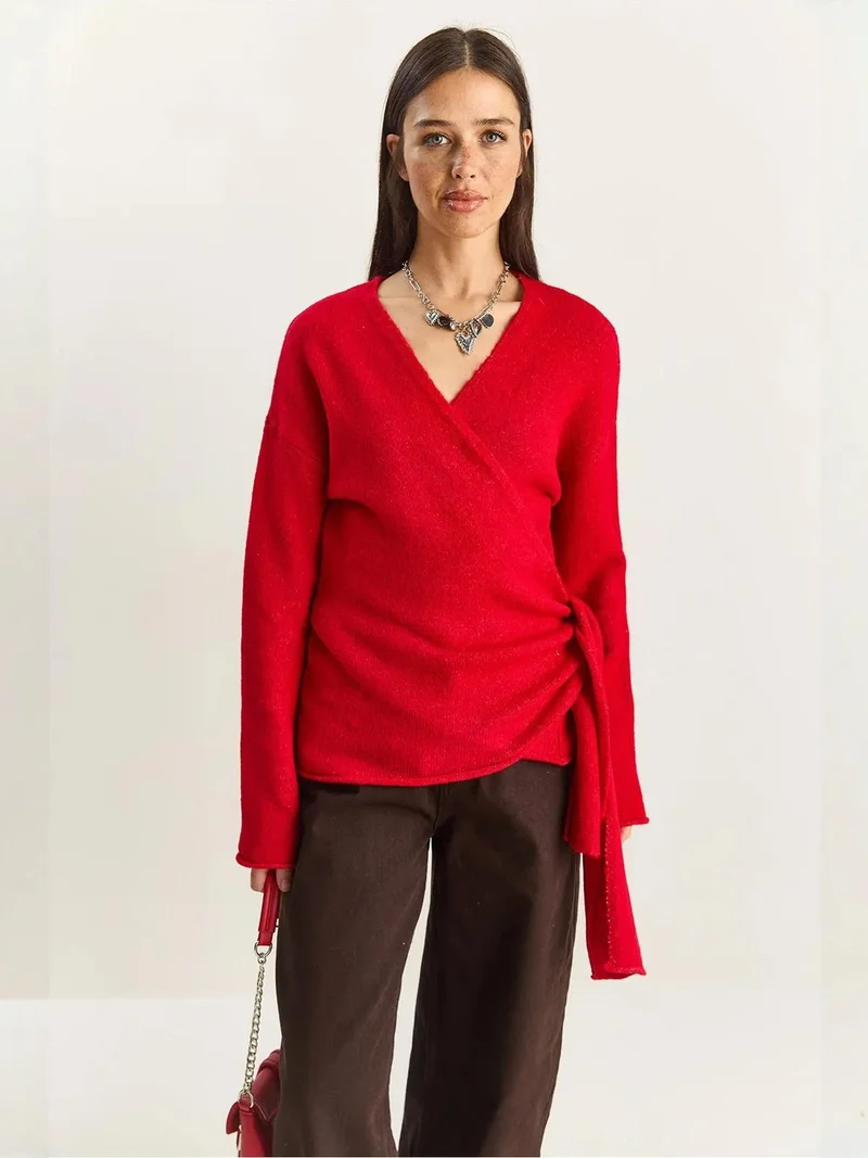 Bianco Lucci LUCCI V-Neck Knit Cardigan with Tie Closure