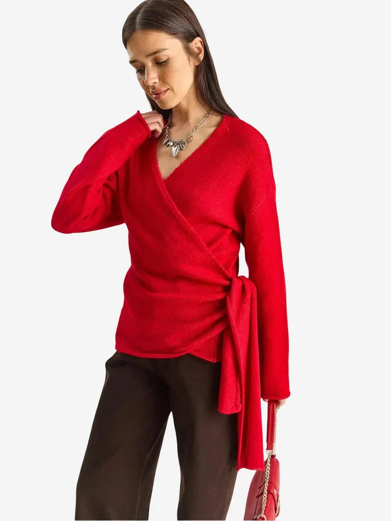 Bianco Lucci LUCCI V-Neck Knit Cardigan with Tie Closure