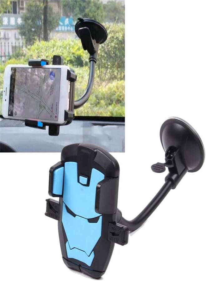 Car Phone Holder, Hood on Dashboard or Car Glass, Adjustable and Rotating Long Arm, Compatible with All Phones Bat Design?? (Black Sky Blue) - KaberTrade 
