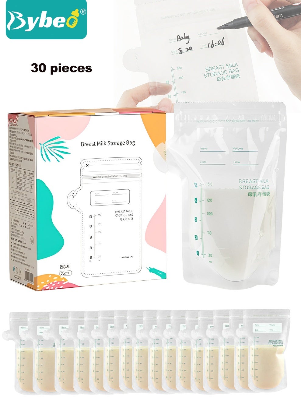 Bybeo 30PCS Breastmilk Storage Bags, Counting Pack, Presterilized, Hygienically Doubled-Sealed, Self Standing and Suitable Refrigeration and Freezing