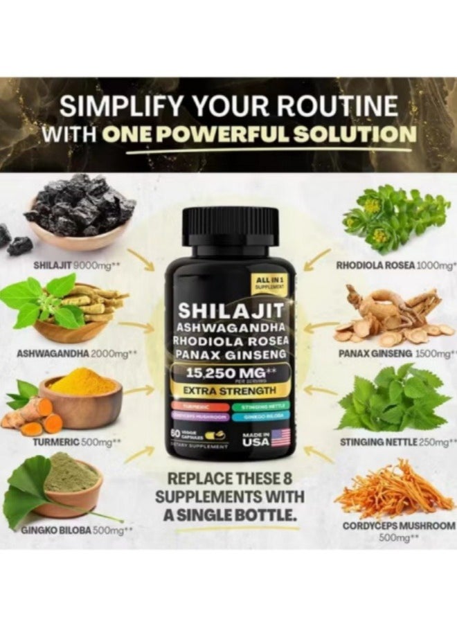 Shilajit RX - 9000MG Pure Himalayan Shilajit + 2000MG Ashwagandha Energy Booster, 1000MG Rhodiola Rosea, 1500MG Panax Ginseng, Turmeric, Ginkgo, and Stinging Nettle — Comprehensive Energy and Health Boost - Image 1