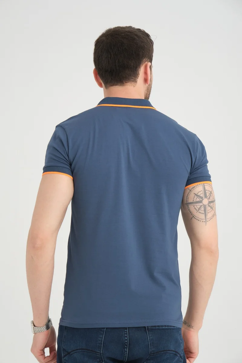 Varetta Men's Indigo Polo Neck Piping Summer Cotton Short Sleeve T Shirt