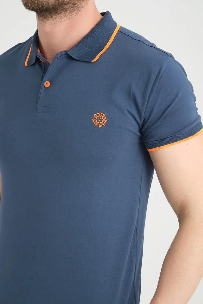 Varetta Men's Indigo Polo Neck Piping Summer Cotton Short Sleeve T Shirt