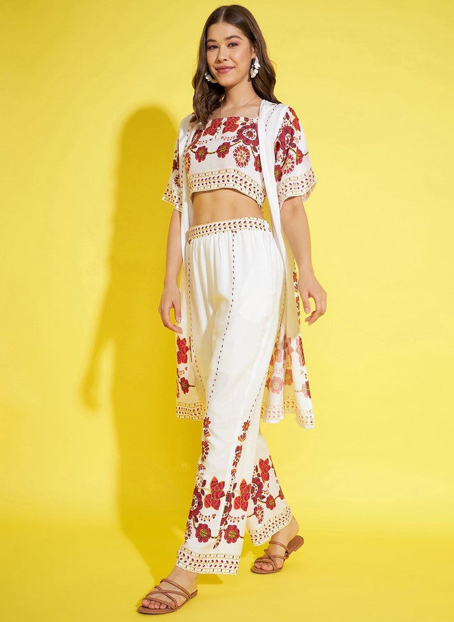 StyleStone طقم ستايلستون مزخرف بالأزهار مع بلوزة، وشاح، وسروال - Image 3