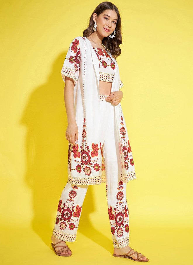 StyleStone طقم ستايلستون مزخرف بالأزهار مع بلوزة، وشاح، وسروال - Image 1