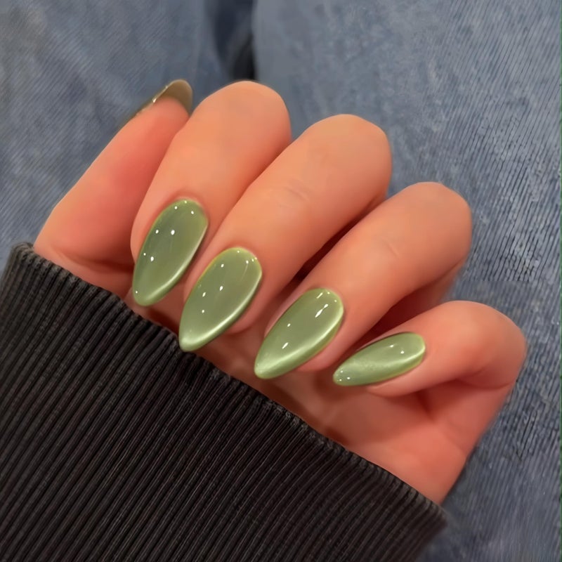 KQueenest Cat Eye Sage Green Press on Nails Almond Shape, 30 Pcs Glitter Fake Nails Medium, Thick Sparkle Nails Press on, Shiny Acrylic Nails, Cute Bling Stick on Nails for Women St. Patrick's Day - Image 1