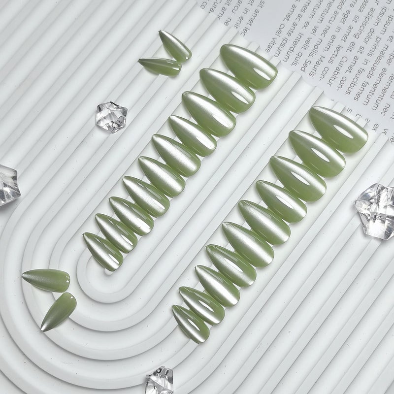 KQueenest Cat Eye Sage Green Press on Nails Almond Shape, 30 Pcs Glitter Fake Nails Medium, Thick Sparkle Nails Press on, Shiny Acrylic Nails, Cute Bling Stick on Nails for Women St. Patrick's Day - Image 3