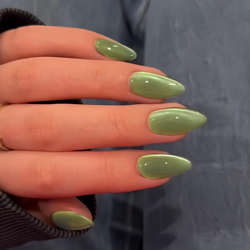 KQueenest Cat Eye Sage Green Press on Nails Almond Shape, 30 Pcs Glitter Fake Nails Medium, Thick Sparkle Nails Press on, Shiny Acrylic Nails, Cute Bling Stick on Nails for Women St. Patrick's Day - Image 2