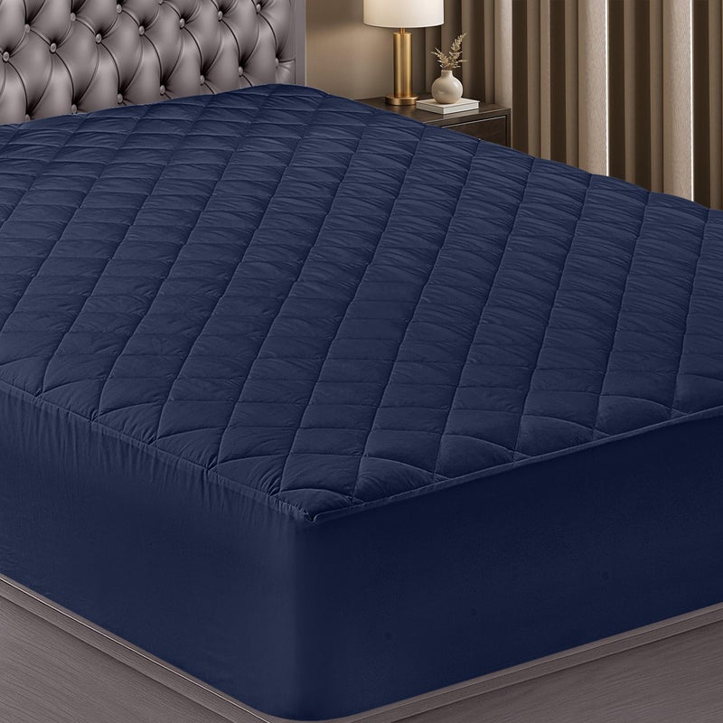 Utopia Bedding Quilted Fitted Mattress Pad King Size Elastic Fitted Mattress Topper Protector and Cover Stretches up to 16 Inches Deep Machine Washable Navy