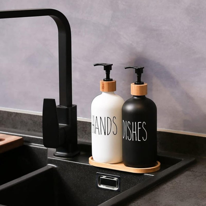 GANAZONO Glass 500ml Soap Dispenser Bottle Set with Wooden Lid and Tray, Refillable Pump Bottles for Shampoo and Lotion, Kitchen and Bathroom Hand Soap Dispensers - Image 5