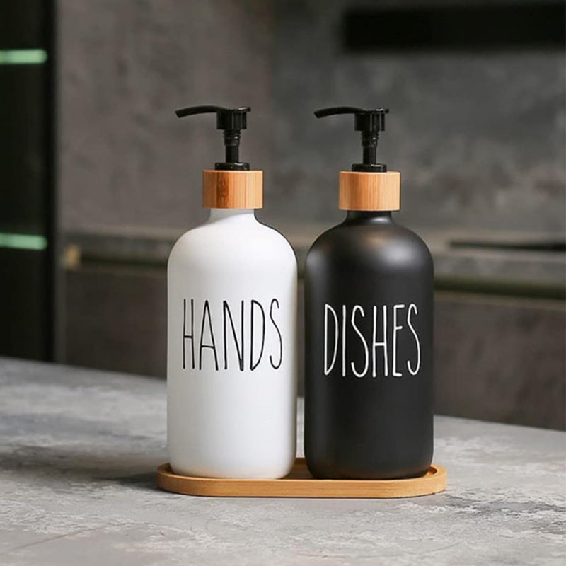 GANAZONO Glass 500ml Soap Dispenser Bottle Set with Wooden Lid and Tray, Refillable Pump Bottles for Shampoo and Lotion, Kitchen and Bathroom Hand Soap Dispensers - Image 4