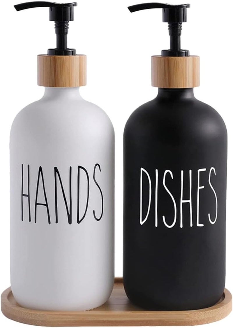 GANAZONO Glass 500ml Soap Dispenser Bottle Set with Wooden Lid and Tray, Refillable Pump Bottles for Shampoo and Lotion, Kitchen and Bathroom Hand Soap Dispensers - Image 1