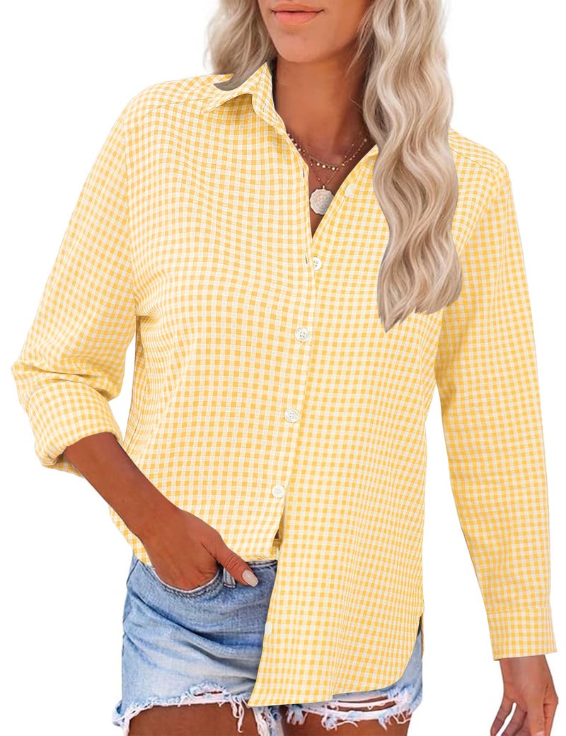 LOMON Women Wrinkle Free Blouse Elegant Checked Blouse Travel Tops Comfy Western Gingham Shirt Yellow and White Plaid M - Image 2