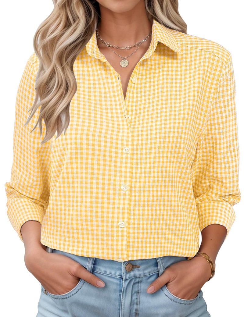 LOMON Women Wrinkle Free Blouse Elegant Checked Blouse Travel Tops Comfy Western Gingham Shirt Yellow and White Plaid M - Image 1