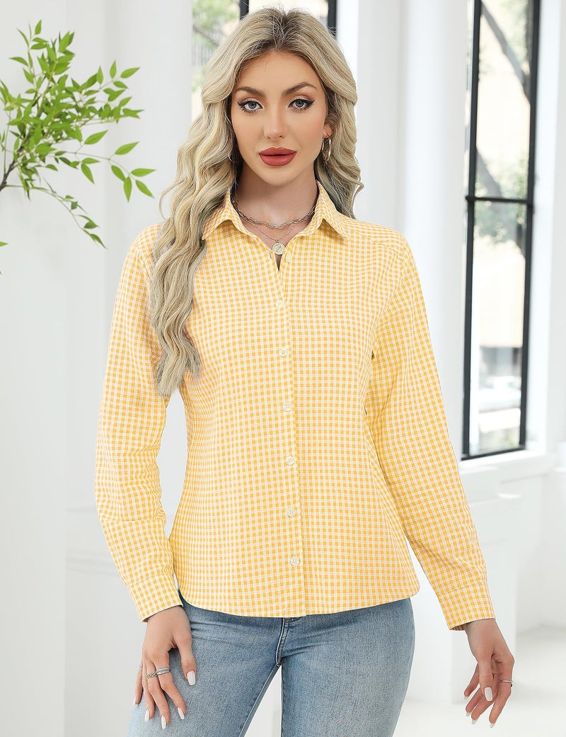 LOMON Women Wrinkle Free Blouse Elegant Checked Blouse Travel Tops Comfy Western Gingham Shirt Yellow and White Plaid M - Image 3