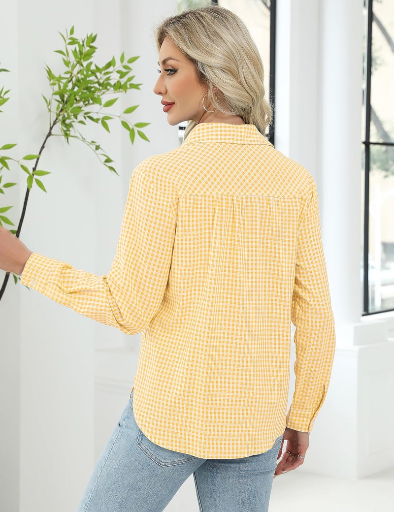 LOMON Women Wrinkle Free Blouse Elegant Checked Blouse Travel Tops Comfy Western Gingham Shirt Yellow and White Plaid M - Image 5