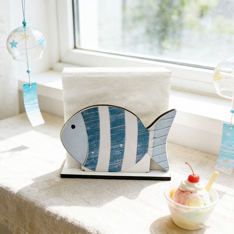 Fresh Ocean Blue Striped Fish Wood Paper Towel Holder Mediterranean Style Vertical Storage Rack SCM2471 4 - Image 5