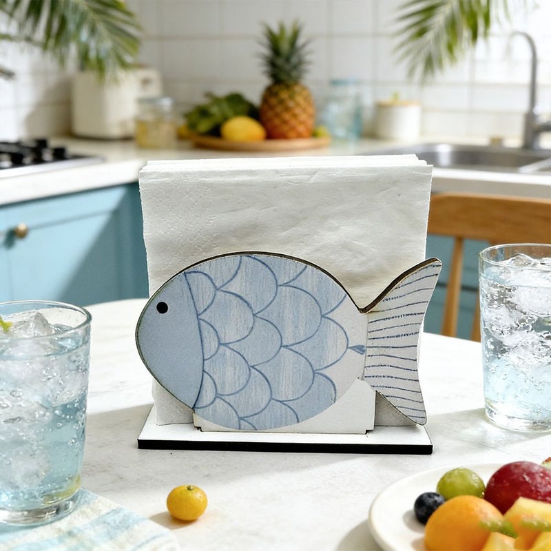 Fresh Ocean Blue Striped Fish Wood Paper Towel Holder Mediterranean Style Vertical Storage Rack SCM2471 4 - Image 2
