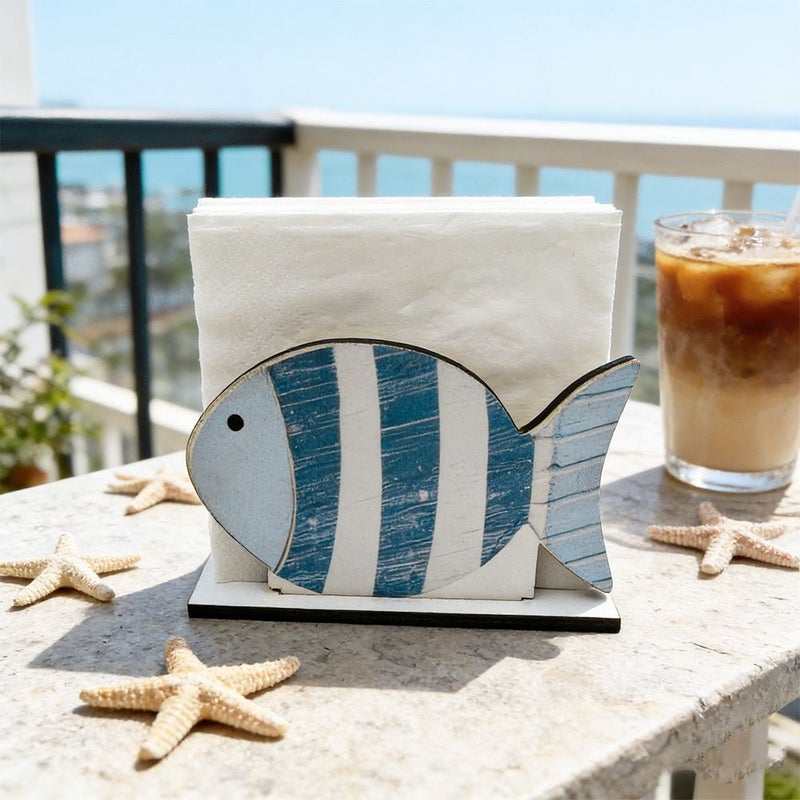 Fresh Ocean Blue Striped Fish Wood Paper Towel Holder Mediterranean Style Vertical Storage Rack SCM2471 4 - Image 1