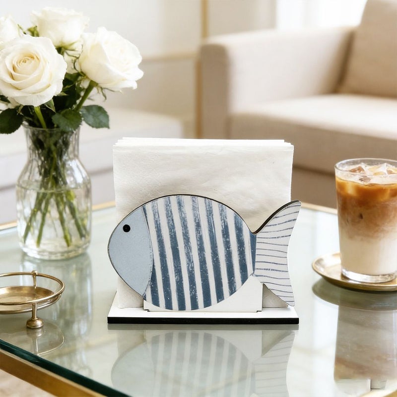 Fresh Ocean Blue Striped Fish Wood Paper Towel Holder Mediterranean Style Vertical Storage Rack SCM2471 4 - Image 4