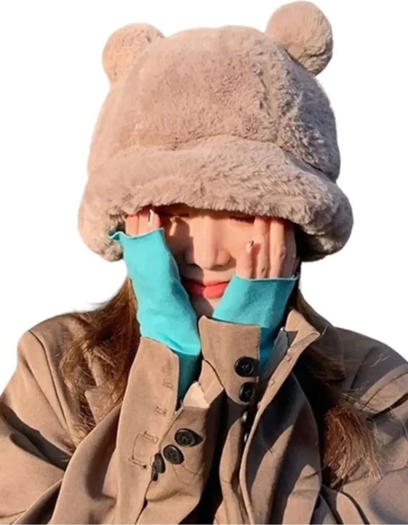 تيزجيلسين Women's Cute Bear Ear Plush Bucket Hat