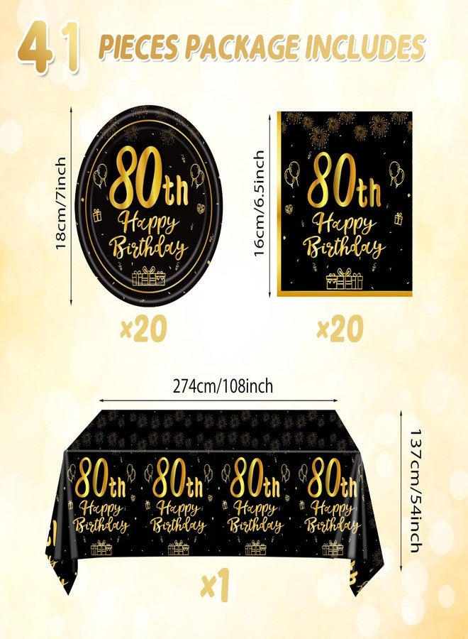 Juhap 41Pcs 80th Birthday Party Decorations for Men Women, Black Gold Happy 80th Birthday Supplies with 20 Plates, 20 Napkins and 1 Tablecloth, 80 Years Old Party Disposable Tableware Kit for Him Her - Image 2