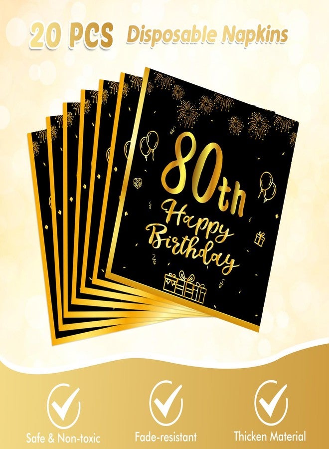 Juhap 41Pcs 80th Birthday Party Decorations for Men Women, Black Gold Happy 80th Birthday Supplies with 20 Plates, 20 Napkins and 1 Tablecloth, 80 Years Old Party Disposable Tableware Kit for Him Her - Image 4