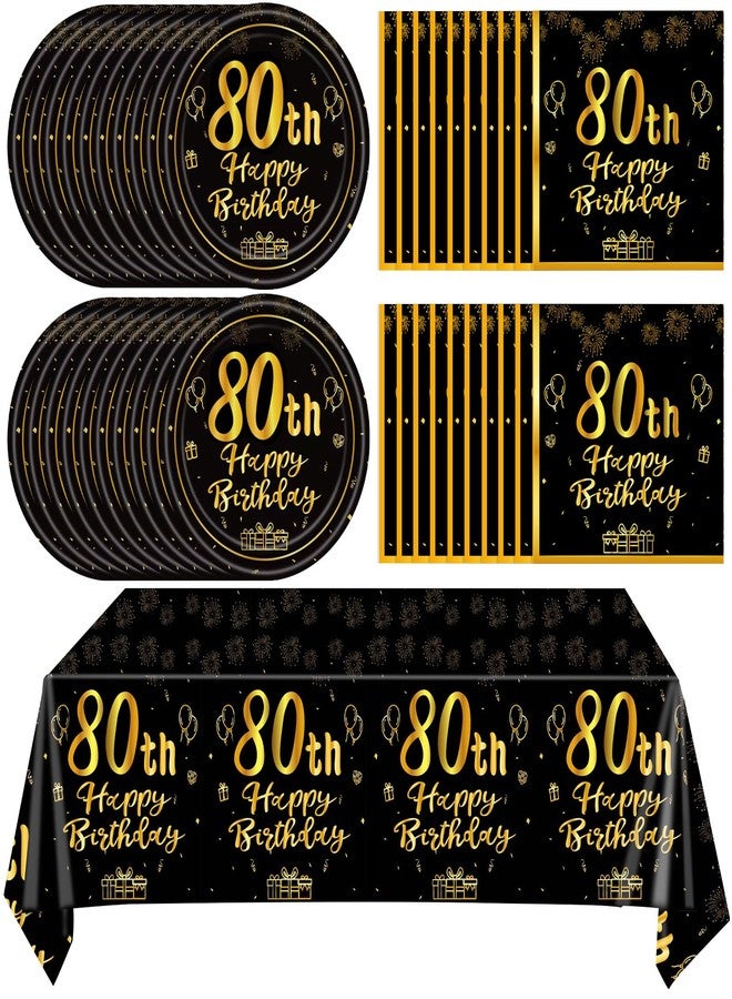 Juhap 41Pcs 80th Birthday Party Decorations for Men Women, Black Gold Happy 80th Birthday Supplies with 20 Plates, 20 Napkins and 1 Tablecloth, 80 Years Old Party Disposable Tableware Kit for Him Her - Image 1