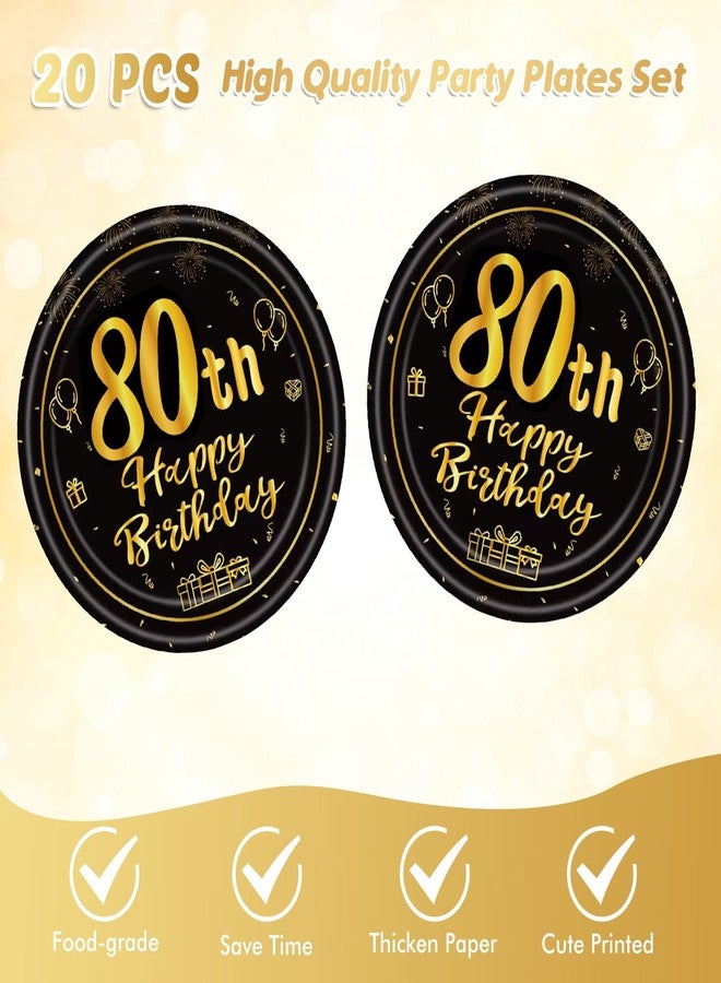 Juhap 41Pcs 80th Birthday Party Decorations for Men Women, Black Gold Happy 80th Birthday Supplies with 20 Plates, 20 Napkins and 1 Tablecloth, 80 Years Old Party Disposable Tableware Kit for Him Her - Image 3