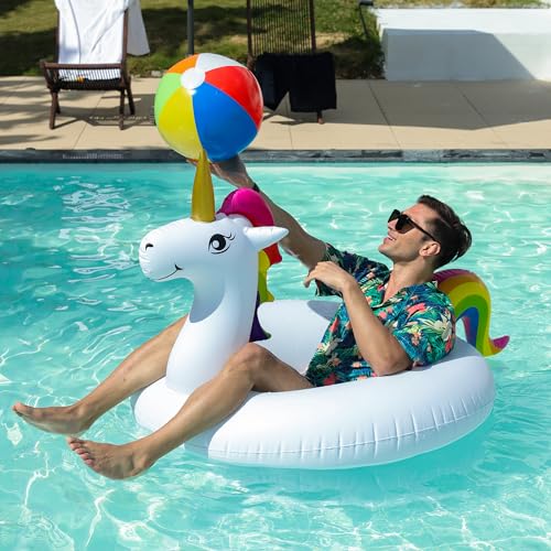 PARENTSWELL 43 Inflatable Unicorn Flamingo Pool Floats 2 Pack Pool Tube Floaties Swim Rings with 2 Beach Balls Inflatable Pool Raft Tubes for Adults Pool Party Favors - Image 5