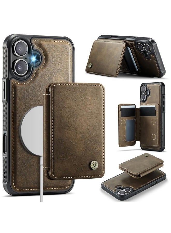 Usroom Compatible with Magsafe Wireless Charing for iPhone 16 6.1" Wallet Case, RFID Blocking Card Holder 2 in 1 Detachable Wallet Kickstand Shockproof Case, Brown - Image 1