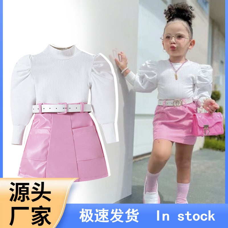 Fashion Fan Children'S Pit Strip Bubble Long Sleeve Top Pu Leather Short Skirt Belt Girls' Suit - Image 2