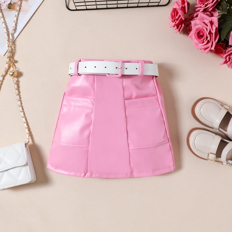 Fashion Fan Children'S Pit Strip Bubble Long Sleeve Top Pu Leather Short Skirt Belt Girls' Suit - Image 5