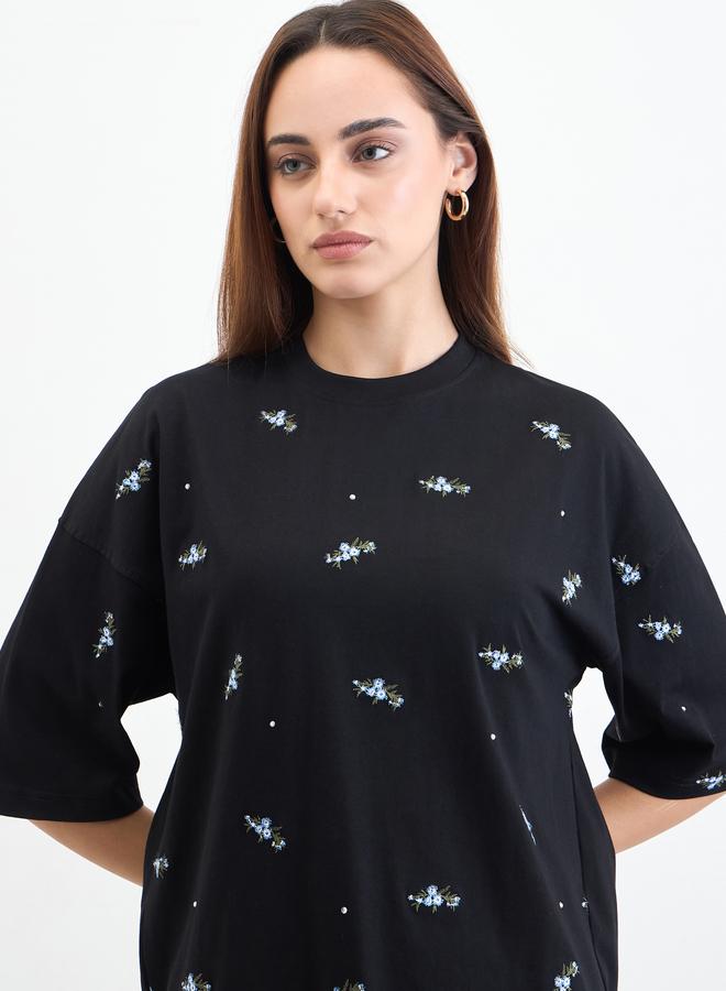 Styli Black Embroidered Sequined Oversized T-Shirt - Image 1