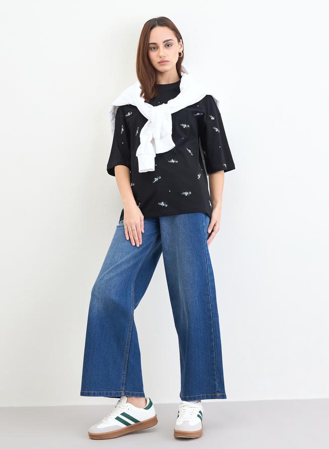 Styli Black Embroidered Sequined Oversized T-Shirt - Image 2