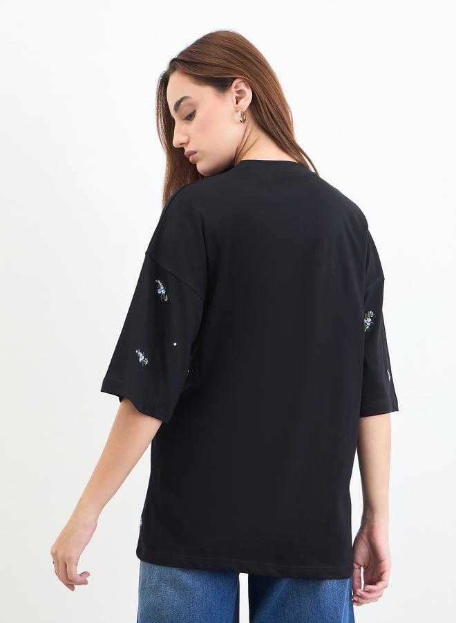 Styli Black Embroidered Sequined Oversized T-Shirt - Image 5