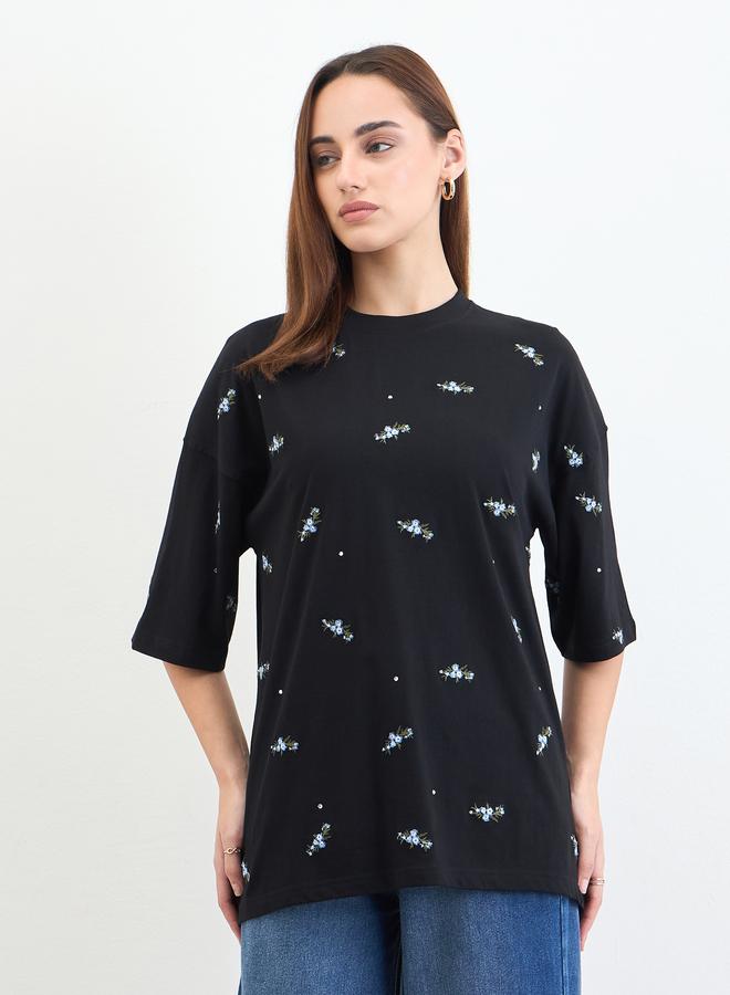 Styli Black Embroidered Sequined Oversized T-Shirt - Image 3