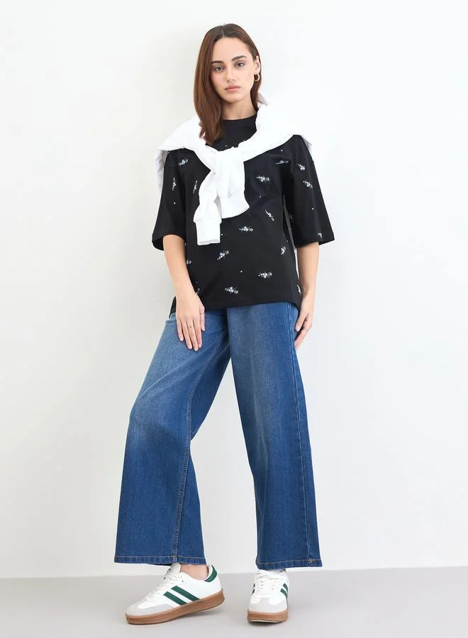 Styli Black Embroidered Sequined Oversized T-Shirt